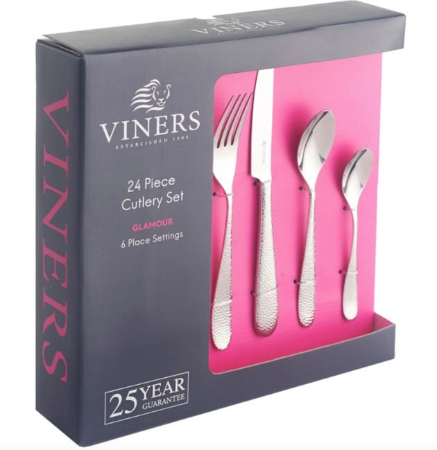 boxed silver cutlery set with a pink backing