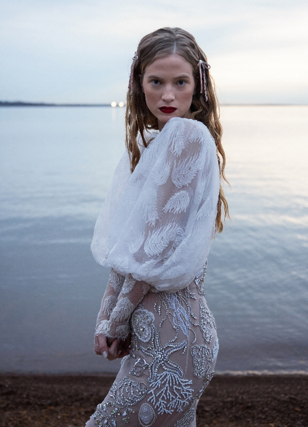 dress with beaded sealife details and puff sleeves with leaf print