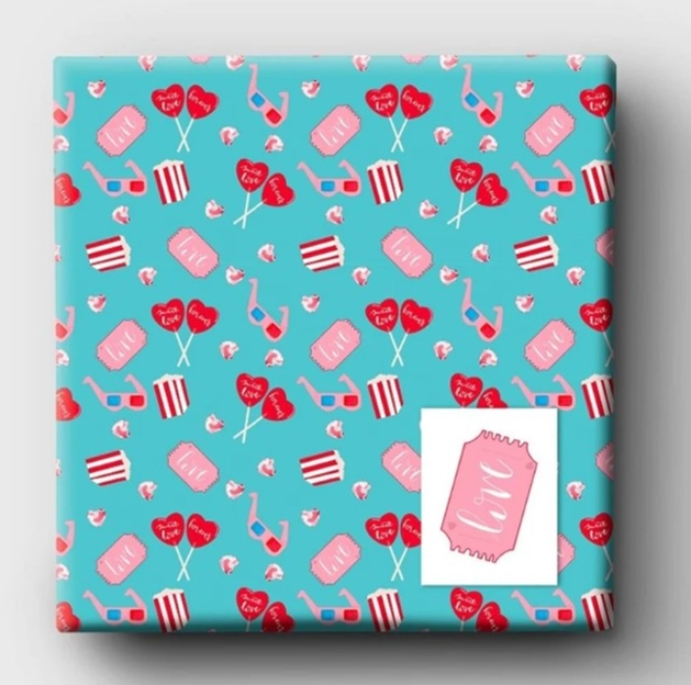 blue paper with love hearts, lollipop and popcorn print