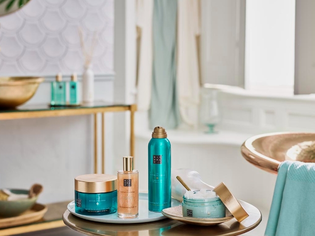 blue bottles next to a bath