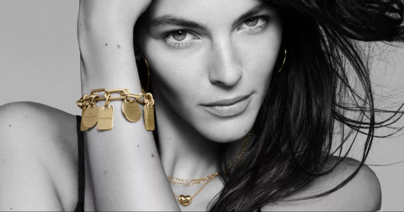 blank and white image of model wearing pandora jewellery