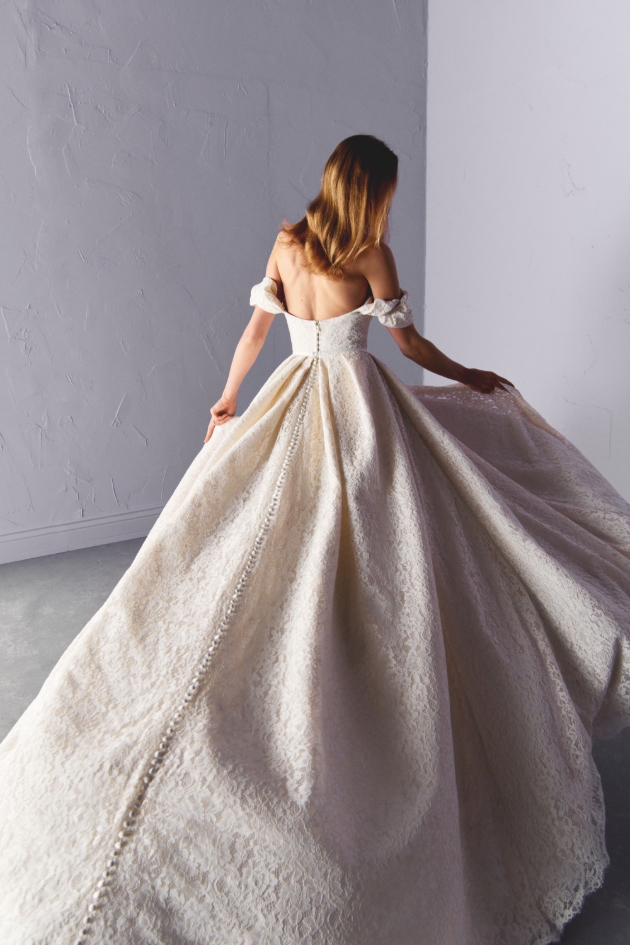  corded floral lace dress inspired by Italian opulence with bust cups, box pleats and a hand-sewn scalloped edge trim