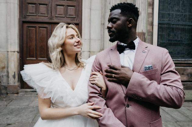 A bride and groom looking lovingly at each other