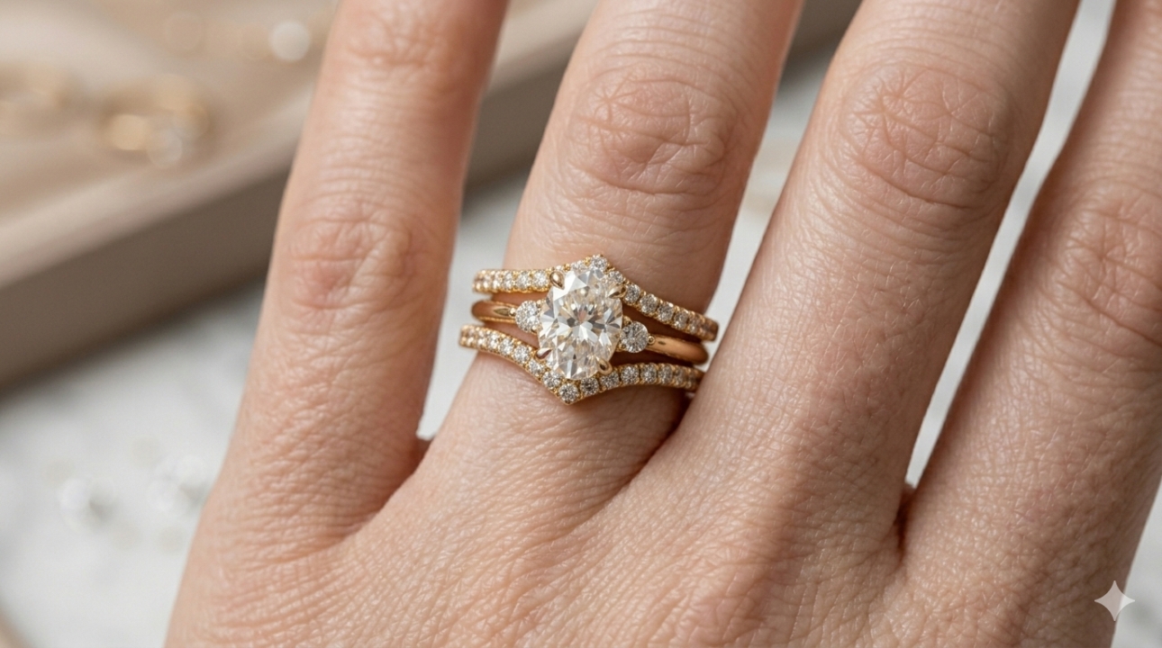hand image of three rings on the wedding ring fingers