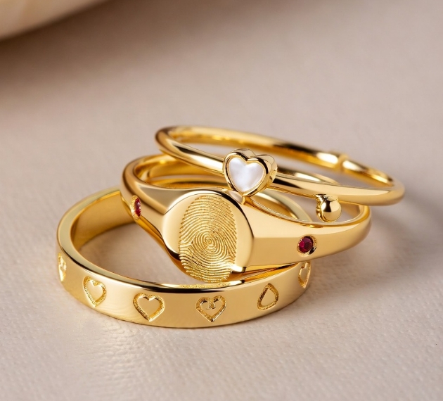 a custom stamped ring, a fingerprint signet for first anniversary, a birthstone ring